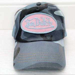 Von Dutch Denim Trucker SnapBack Hat Baby Blue with Pink Label